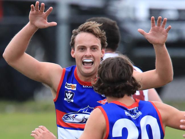 Football Netball BFNL - Queenscliff v Modewarre.Queenscliff 16 Jonty Rush celebrates with 20 Will Bakers Goal Picture: Mark Wilson