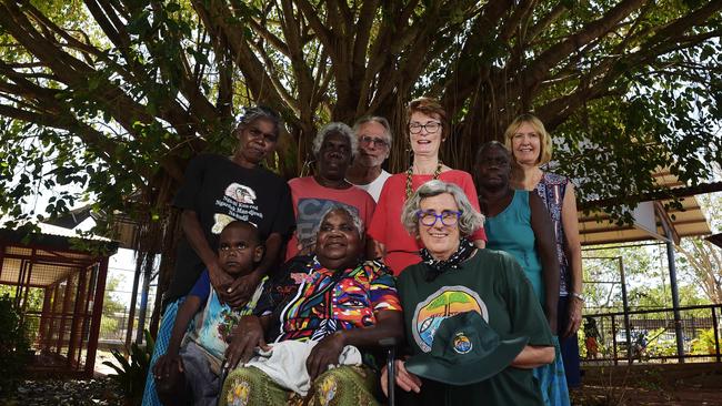 Maningrida College teachers from the 70s and 80s: Karen Wuridjal, Cindy Jinmarabynana, Rita Djitmu, Chris Baldin, Helen Bond- Sharp, Carolyn Coleman, Monica Wilton, Robyn Beecham and student Terence pose for a photo during the Maningrida College 60th Anniversary on Friday, August 10, 2018. Picture: Keri Megelus