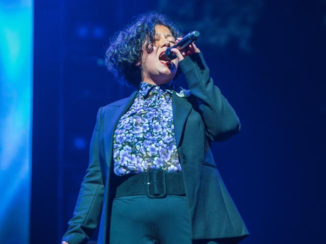 Mahalia Barnes sings the Australian national anthem. Picture: Mushroom Group