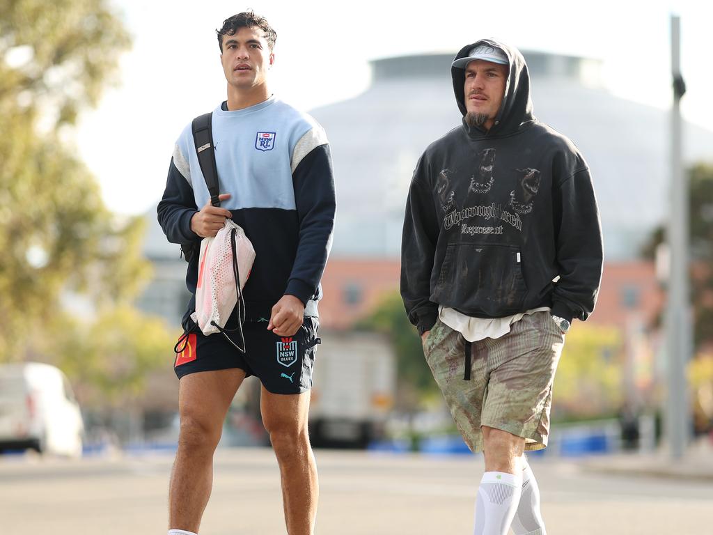 Joseph Sua'ali'i and Angus Crichton were teammates at club and Origin level. Picture: Mark Metcalfe/Getty Images