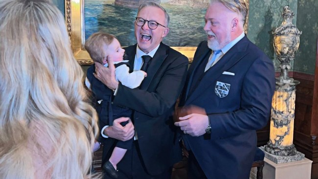 Australian Prime Minister Anthony Albanese attends the wedding of Kyle Sandilands, pictured holding Kyle's son, Otto on April 29, 2003. Picture: X