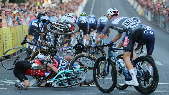 At least seven riders fell in the crash. Picture: Sarah Reed/Getty Images