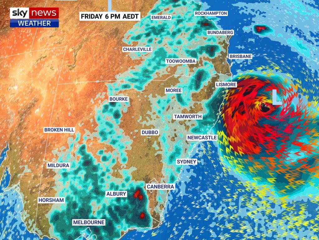 The system is closing in on eastern Australia. Picture: Sky News Weather.