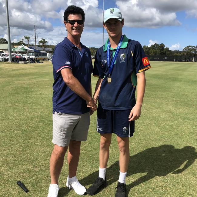 Riverina cricketer Shaun Smith (right) with NSW Country Cricket chairman Paul Marjoribanks. Smith was named player of the tournament of the 2022-23 Bradman Cup. Photo: Alex Pichaloff.