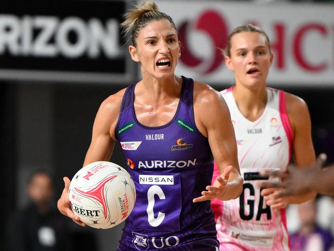 BRISBANE, AUSTRALIA - MARCH 19: Kim Ravaillion of the Firebirds reacts during the round one Super Netball match between Queensland Firebirds and Adelaide Thunderbirds at Nissan Arena, on March 19, 2023, in Brisbane, Australia. (Photo by Matt Roberts/Getty Images)