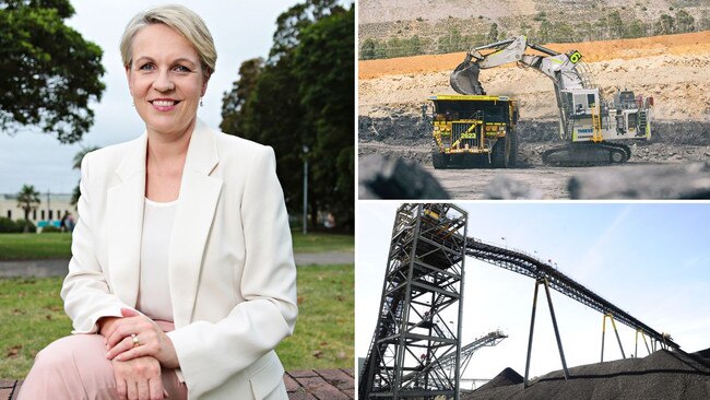 Tanya Plibersek left; MACH Energy's Mount Pleasant mine in the NSW Hunter Valley, top right; Whitehaven's Narrabri mine, northwest of Gunnedah in NSW, bottom right.