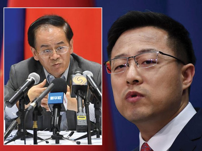 Chinese Ambassador to Australia Cheng Jingye. left, and Chinese Foreign Ministry spokesman Zhao Lijian. Pictures: AFP