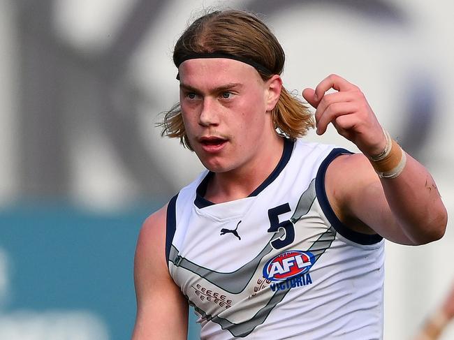 MELBOURNE, AUSTRALIA - JULY 16: Harley Reid of Vic Country kicks the ball during the 2023 U18 Boys Championships match between Vic Country and Vic Metro at Ikon Park on June 16, 2023 in Melbourne, Australia. (Photo by Morgan Hancock/AFL Photos via Getty Images)