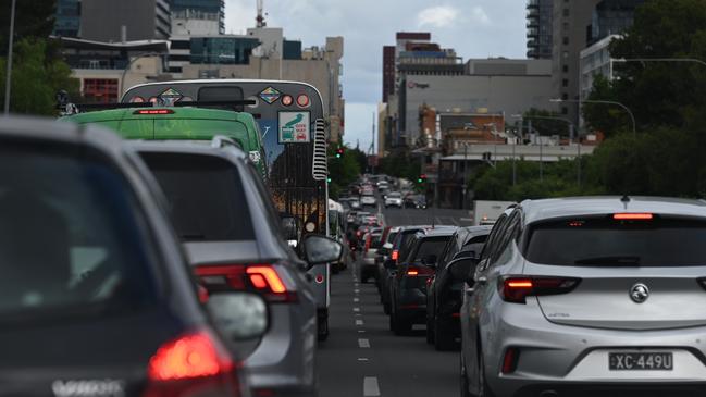 Peak hour traffic chaos on Rundle Street amid road closures for the Adelaide 500. Picture: Ben Clark