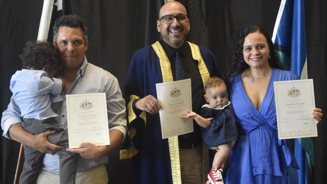 Clarice and Daniel Lago Silva Campos and Fabio Geocondo Teixeira Campos, from Brazil, became Australian citizens on Australia Day. Picture: Sierra Haigh