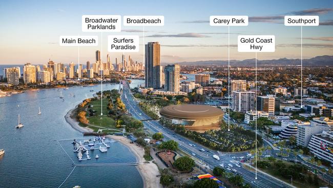 An artist’s impression of the proposed Gold Coast Arena boutique stadium at Carey Park, Southport. Picture: Supplied by Gold Coast City Council