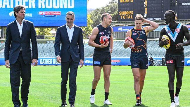 AFL CEO Gillon McLachlan, South Australian Premier Peter Malinauskas, Carlton captain Patrick Cripps, Adelaide Crows captain Jordan Dawson and Port Adelaide player Aliir Aliir spruik the upcoming Gather Round. Picture: NCA NewsWire / Brenton Edwards