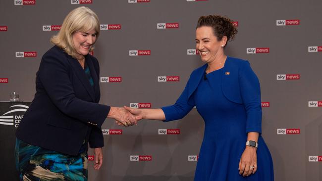 Chief Minister Eva Lawler and Opposition Leader Lia Finocchiaro meet for the Sky News NT leaders debate. Picture: Pema Tamang Pakhrin