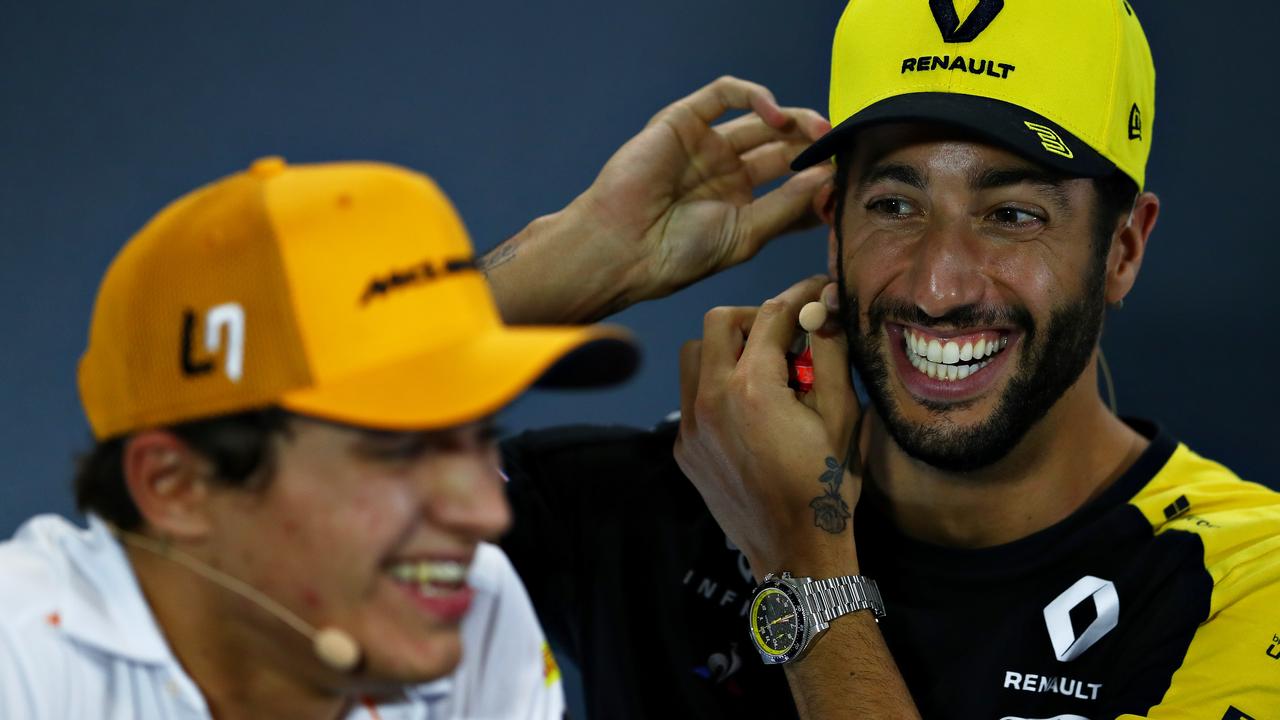 Ricciardo and Norris joke in the drivers press conference in Singapore.