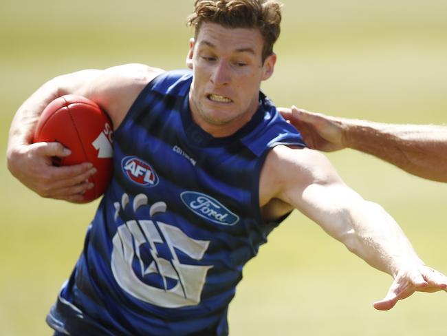 GEELONG, AUSTRALIA - JANUARY 22: Josh Jenkins (L) and Tom Hawkins of the Cats compete during a Geelong Cats AFL training session at the Deakin University Elite Sports Precinct on January 22, 2021 in Geelong, Australia. (Photo by Daniel Pockett/Getty Images)