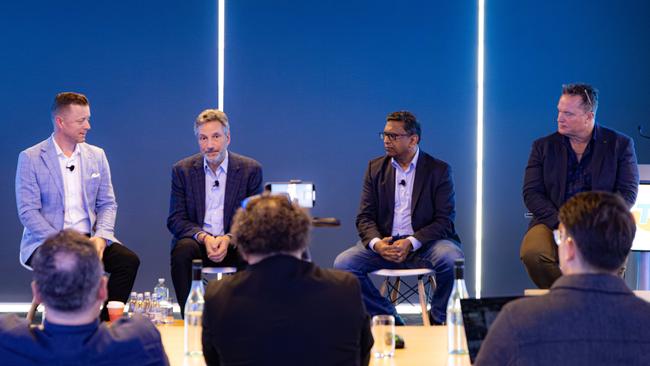 Channa Seneviratne (second from right) discussed network design with (from left) Telstra's media general manager Steve Carey, head of global networks and technology division Nikos Katinakis, and technology discovery and validation lead Paul Milford last July.