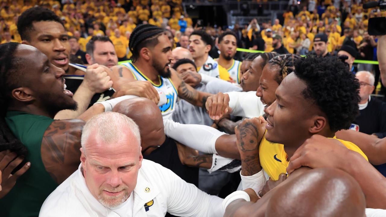 Giannis Antetokounmpo gets into an altercation after his Bucks were knocked out of the NBA playoffs. (Photo by Justin Casterline/Getty Images)