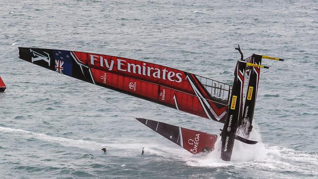 Emirates Team New Zealand capsizes during an America's Cup challenger semi-final,