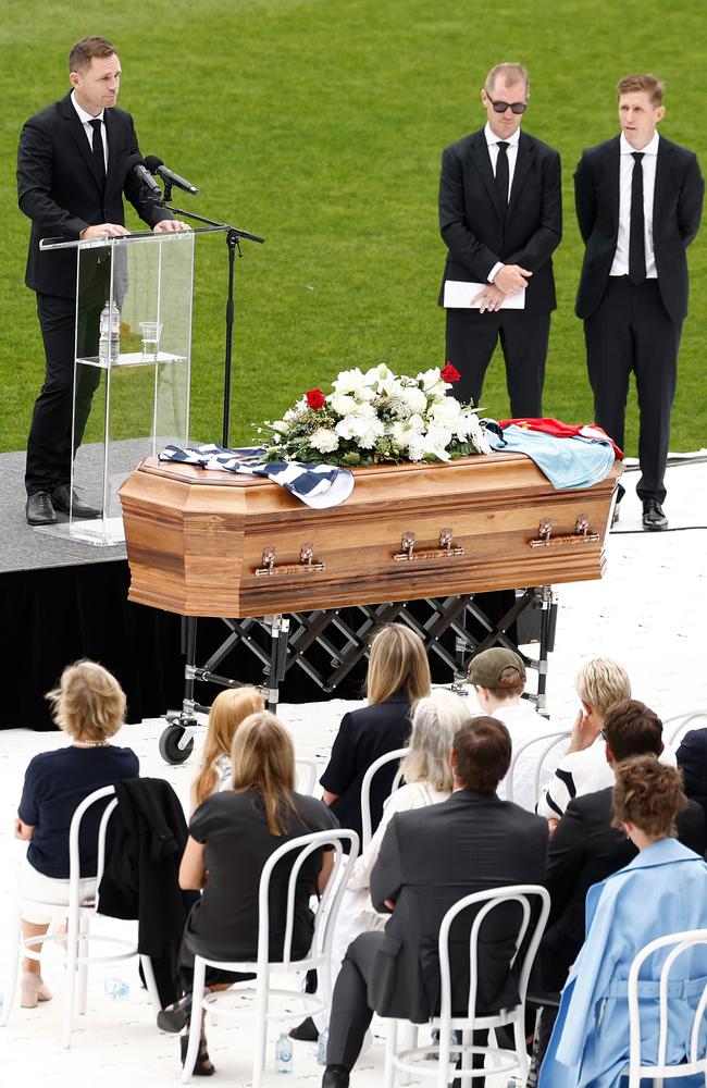 Joel Selwood delivers the eulogy alongside his brothers Adam and Scott. Picture: Michael Willson/AFL Photos