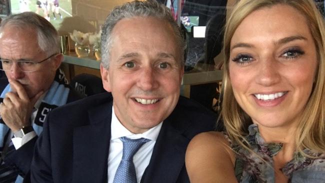 Telstra Boss Andy Penn with wife Kallei Blauhorn and PM Malcolm Turnbull at the NRL Grand Final. Pic: NRL