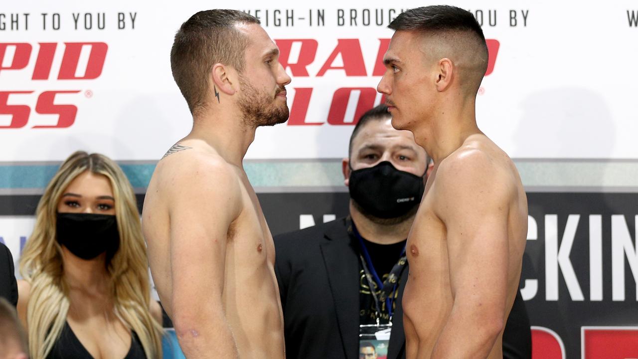 Spark and Tszyu face off before Wedneday’s big night. Picture: Shane Myers