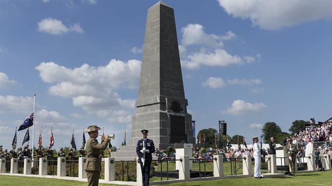 The Last Post during the commemorative service at the First Australian Division Memorial in 2016.