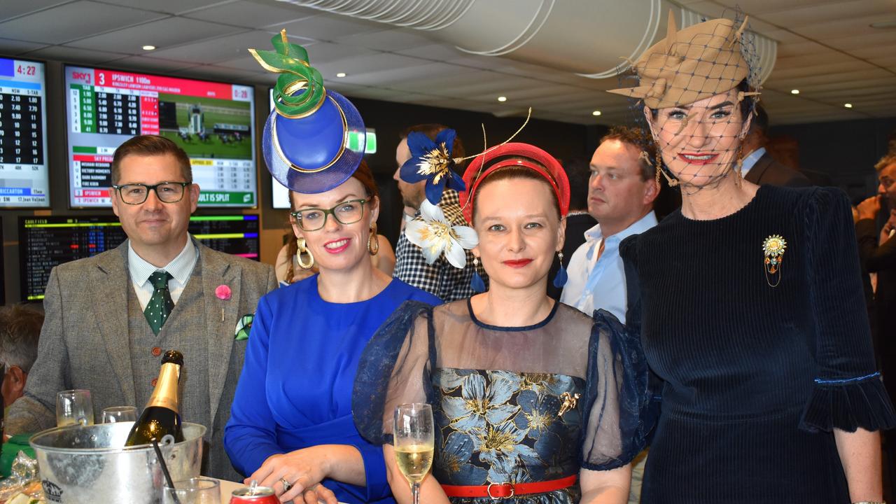 Scott Kreigher, Louise Lommerse, Stephanie Trost and Samantha Edwards at The Archer race meeting at Callaghan Park, Rockhampton, on May 7, 2022.