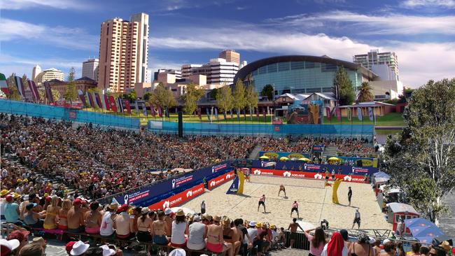 A render of the main two competition courts at The Drive for next year's world beach volleyball championships. Picture: Supplied/Adelaide 2025