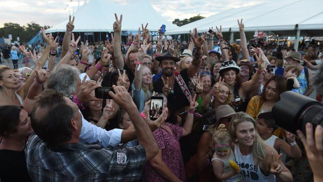 Michael Franti performs out in the general area with crowds at Bluesfest 2018 in Tyagarah near Byron Bay.