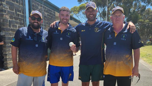 VTCA coaches Mick Andriadis and Duncan Harrison with man-of-the-match Sam Crea and captain Mitch Johnstone.