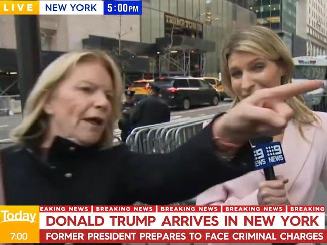 Channel 9 US correspondent Alison Piotrowski was heckled by a Trump supporter. Picture: Channel 9.