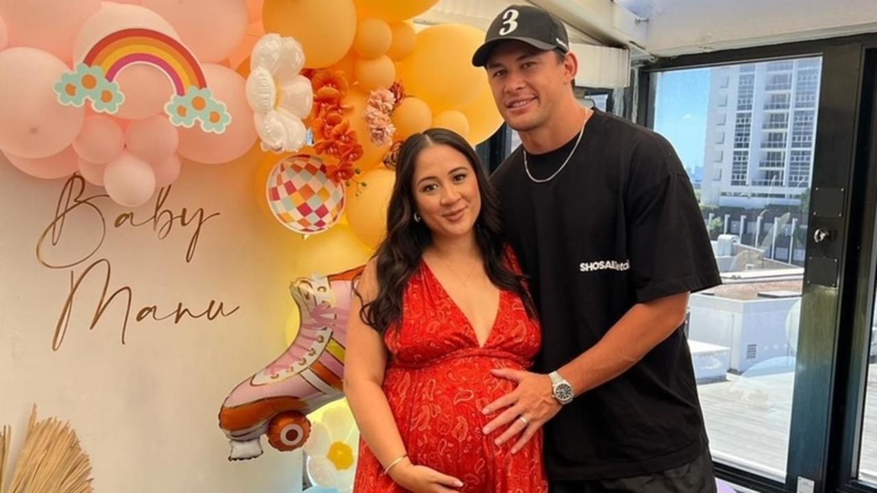 Roosters star Joseph Manu and his partner, Tyrelle, are expecting the birth of their first child. Credit: Instagram.