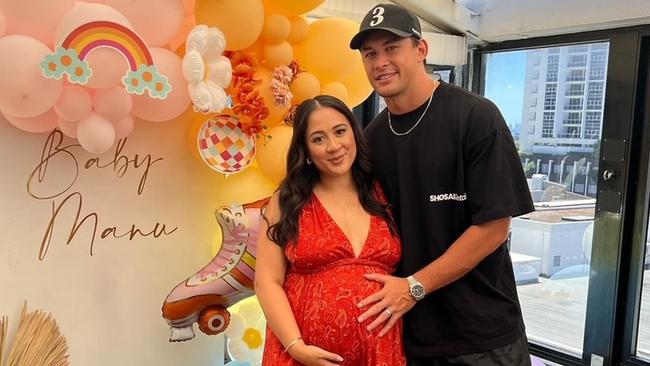 Roosters star Joseph Manu and his partner, Tyrelle, are expecting the birth of their first child. Credit: Instagram.