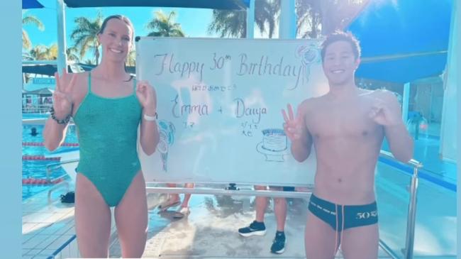 Olympians Emma McKeon and Daiya Seto are birthday twins, and they celebrated their “dirty 30” in Townsville during their training camp.