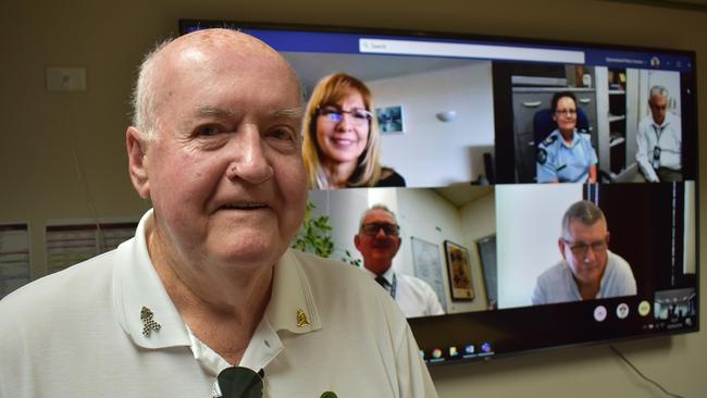 Northern Beaches Neighbourhood Watch volunteer Ken Rehbein was awarded the Volunteer of the Year award from Neighbourhood Watch Australasia on September 10. Teleconferencing into his ceremony were NW Australasia chief executive officer Maria Bennett, top left, Queensland state coordinator Joanna Stone and Inspector Les Bulluss, Australasia chairman Bernie Durkin, bottom left, and Mackay volunteer Les Bunt. Picture: Zizi Averill