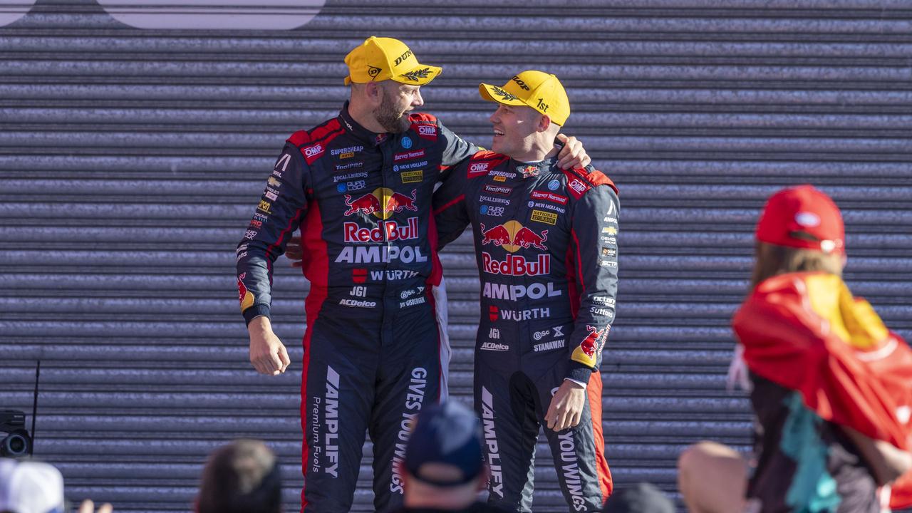 Shane van Gisbergen and co-driver and fellow Kiwi Richie Stanaway after winning the 2023 Bathurst 1000.