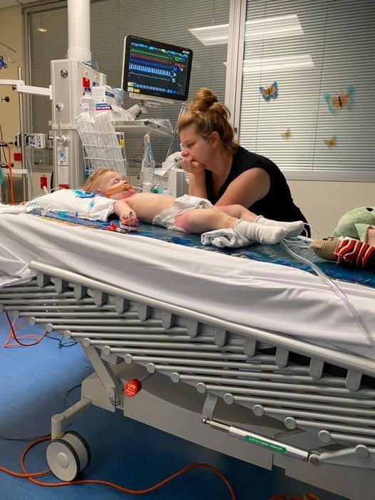 Cassian in the hospital shortly after surviving a backyard pool drowning. Picture: Katie Fattel