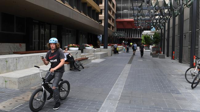 Skaters have been grinding along the concrete blocks scattered throughout the redeveloped Topham Mall. Picture: Tricia Watkinson