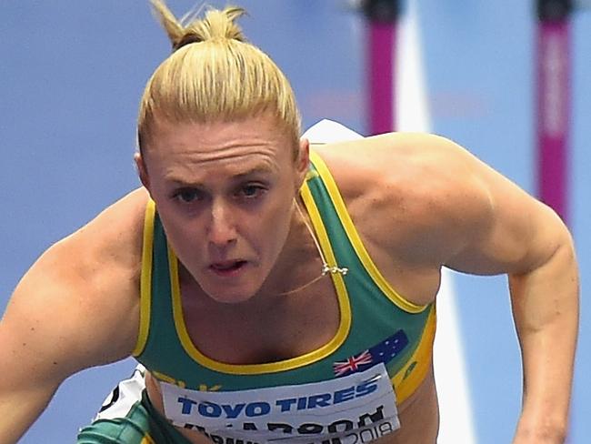 BIRMINGHAM, ENGLAND - MARCH 03: Sally Pearson of Australia competes in the Women's 60m Hurdles Semi Final during Day Three of the IAAF World Indoor Championships at Arena Birmingham on March 3, 2018 in Birmingham, England.  (Photo by Tony Marshall/Getty Images)