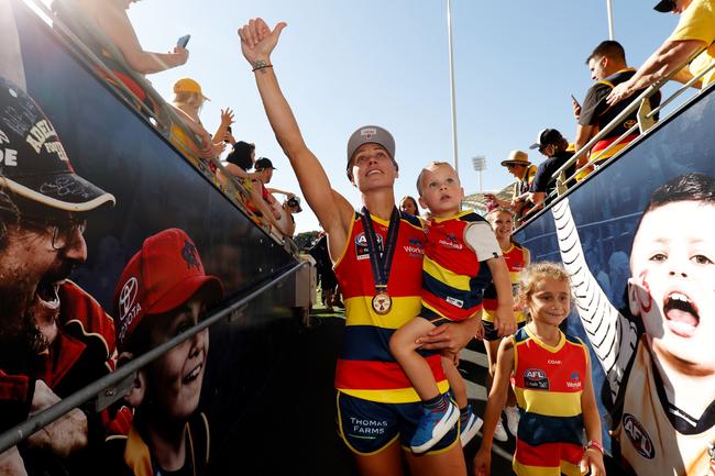 ADELAIDE, AUSTRALIA - APRIL 09: Erin Phillips of the Crows leaves the field after a win during the 2022 AFLW Grand Final match between the Adelaide Crows and the Melbourne Demons at Adelaide Oval on April 9, 2022 in Adelaide. Picture: Dylan Burns/AFL Photos via Getty Images