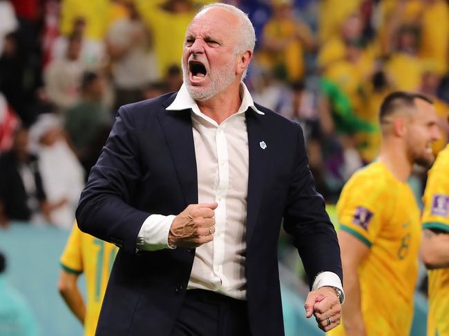 Socceroos coach Graham Arnold celebrates victory and a triumph against the odds. Picture: Youssef Loulidi/Fantasista/Getty Images