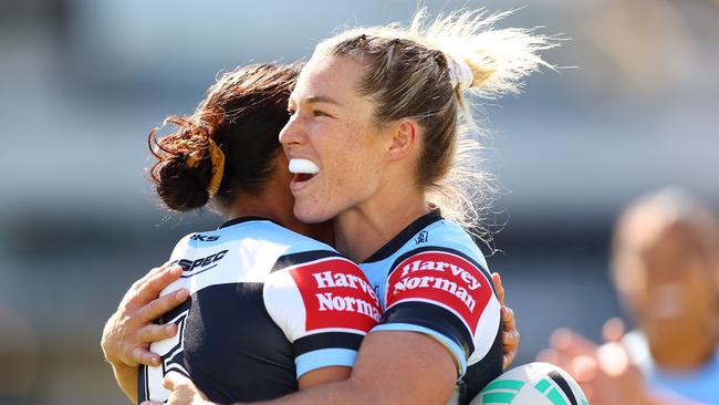 CANBERRA, AUSTRALIA - SEPTEMBER 17: Emma Tonegato of the Sharks celebrates a try by Cassie Staples of the Sharks during the round nine NRLW match between Parramatta Eels and Cronulla Sharks at GIO Stadium, on September 17, 2023, in Canberra, Australia. (Photo by Mark Nolan/Getty Images)