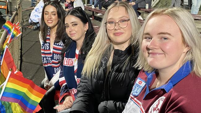 (L-R) Ella Moroney, Tessa Moroney, Emily Snape &amp; Jorja Boyd show their support for the Manly pride jersey.