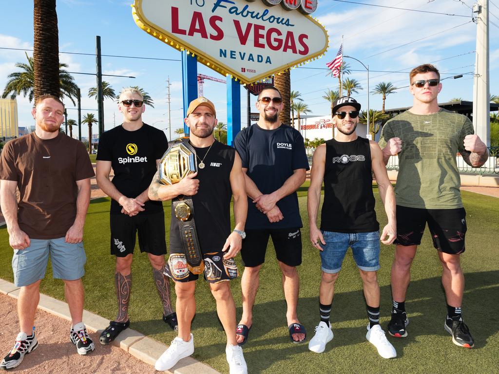 Australians Jack Della Maddalena, Dan Hooker, Alexander Volkanovski, Robert Whittaker, Shannon Ross and Jimmy Crute (L-R) will all fight in UFC 290. Picture: Chris Unger/Zuffa LLC