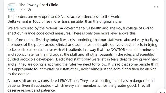 A post on the Rowley Road Clinic's Facebook page.