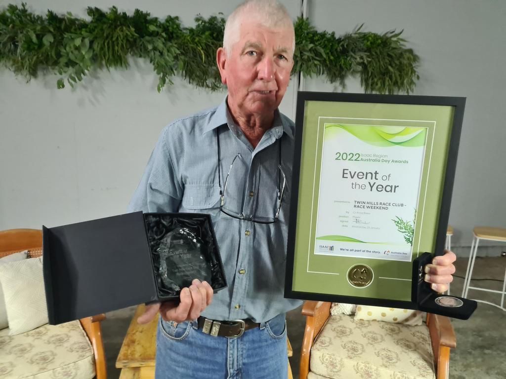 John Wilkinson accepting the Isaac Region Australia Day 2022 Event of the Year award on behalf of the Twin Hills Race Club Race Weekend team. Picture: Contributed