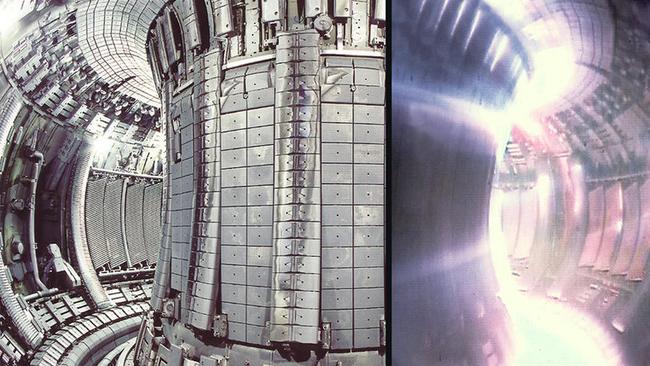 The Tokamak reactor in dormant mode, left, and glowing as a magnetic field restrains its plasma. Picture: Supplied