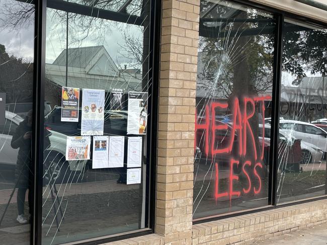 Premier Jacinta Allan's Bendigo office has been vandalised in the morning of July 11, 2024. Windows have been smashed and graffitied. Picture: Gianni Francis.