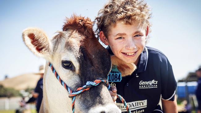 WestVic Dairy camp participant Damian McGuire with bovine buddy Spice Junior. Photo: Nicole Cleary