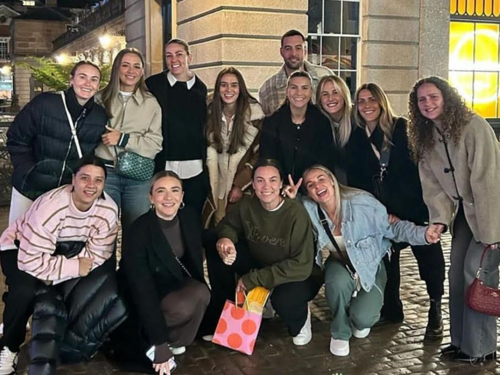 Sam Kerr, bottom left, and her fiance, Kristi Mewis (second from bottom left) and Mewis’ West Ham teammates during a night out in London. Picture: Instagram